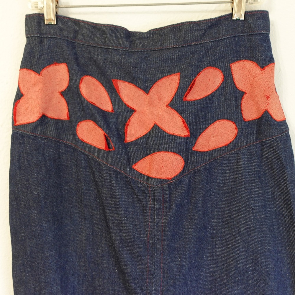 Vintage Handmade Denim Midi Skirt Abstract Floral Applique Retro 80s Western 8 - Picture 2 of 9
